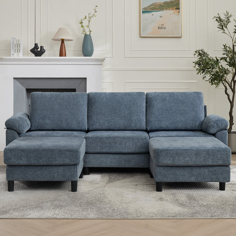 90" Comfy Modern U-Shaped Sectional Sofa with Two Ottomans, Blue
