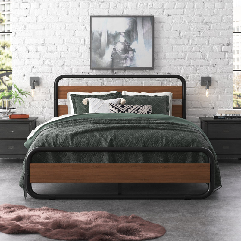 Minos Metal Bed Frame with Headboard and Footboard, Walnut, King