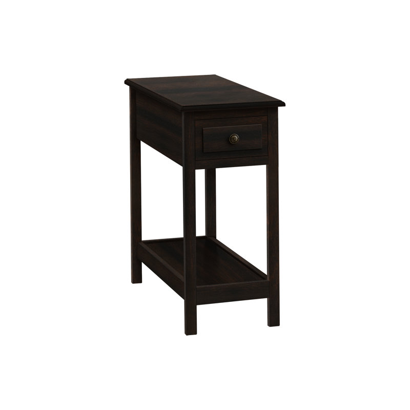 Table d'appoint étroite avec ornement en placage brun, tiroir de rangement et table de transition pour salon de chambre à coucher à 2 niveaux, placage, caractéristique pour