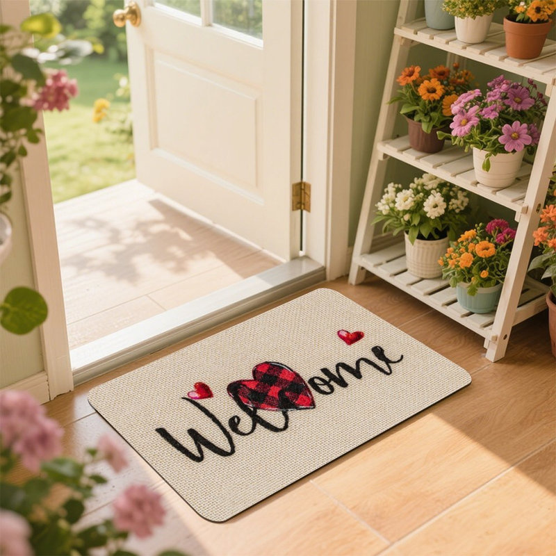 Paillasson Plaid Heart Welcome, 24 x 36, pour porte d'entrée