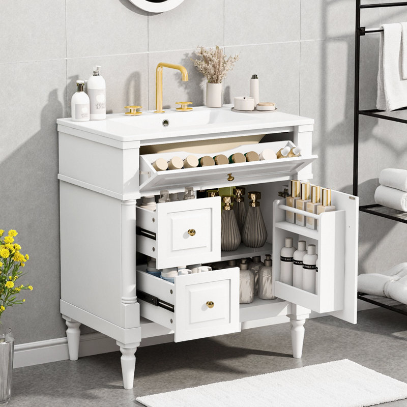 Meuble-lavabo autoportant de 30 pouces avec lavabo, tiroir rabattable et support de rangement noir, Blanc