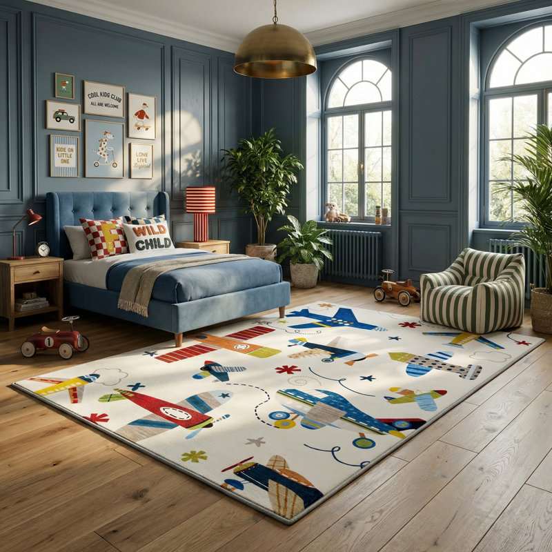 Tapis crème pour enfant 7 pi x 10 pi (6 pi 7 po x 9 pi 6 po) crème Maverick, tapis contemporain, à poils moyens et résistant aux taches