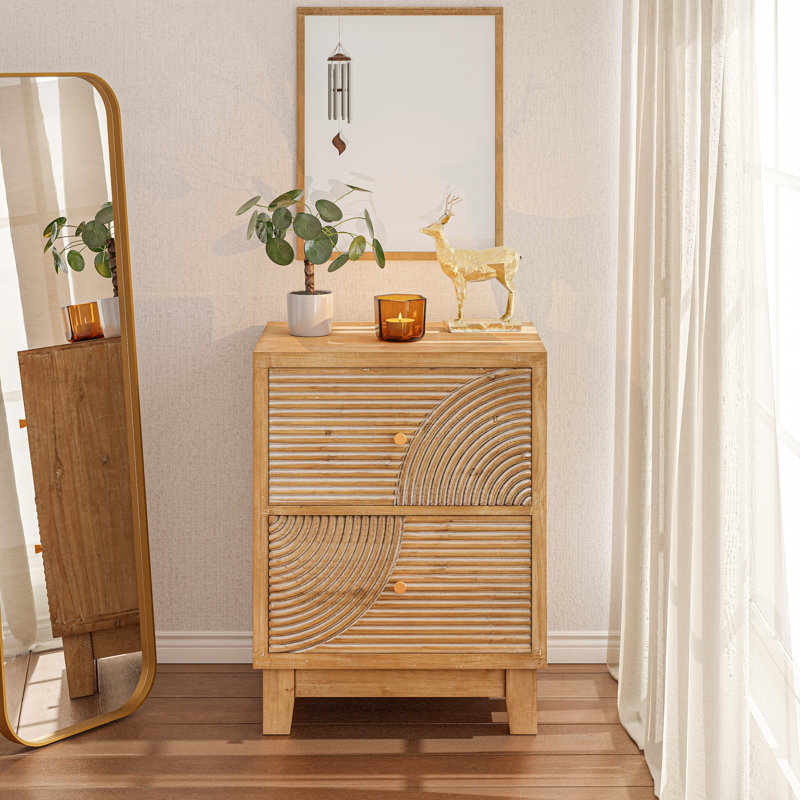 Fayola Farmhouse Brown 2 Drawers Nightstand with Ring Pattern, Natural