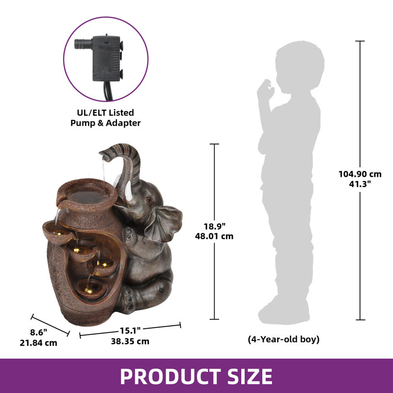 18.9"H Exquisitely Crafted Elephant Outdoor Resin Water Fountain with Lights