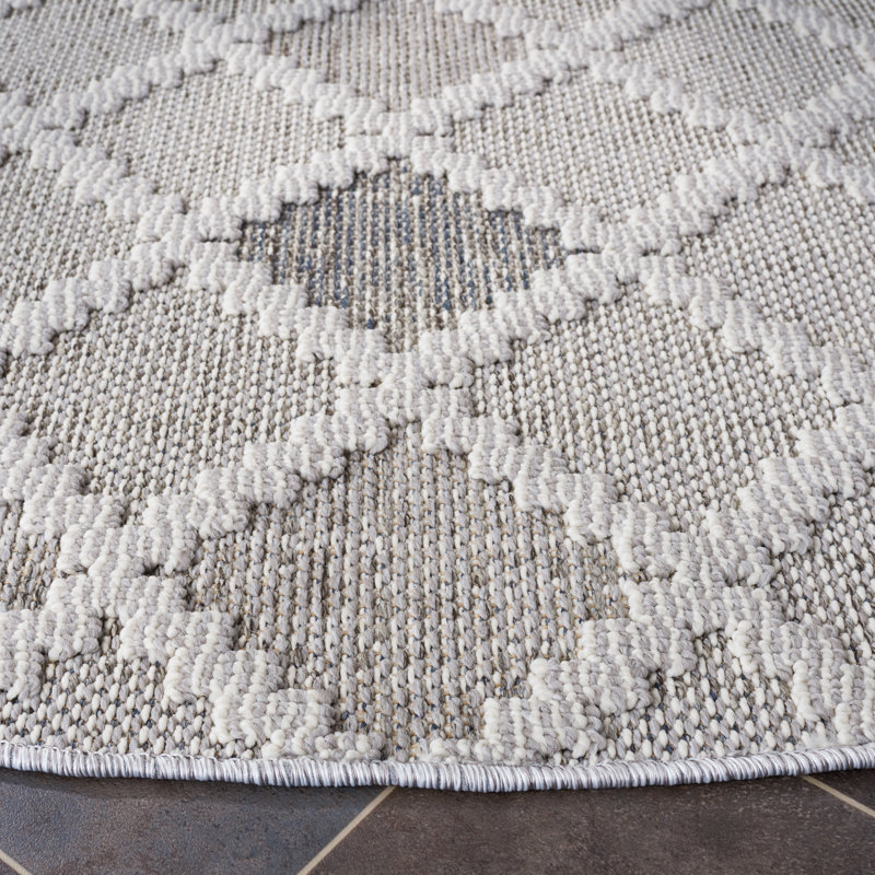 Tapis gris / ivoire en polypropylène tissé à la machine Marimension, Rond 6 pi 7 po