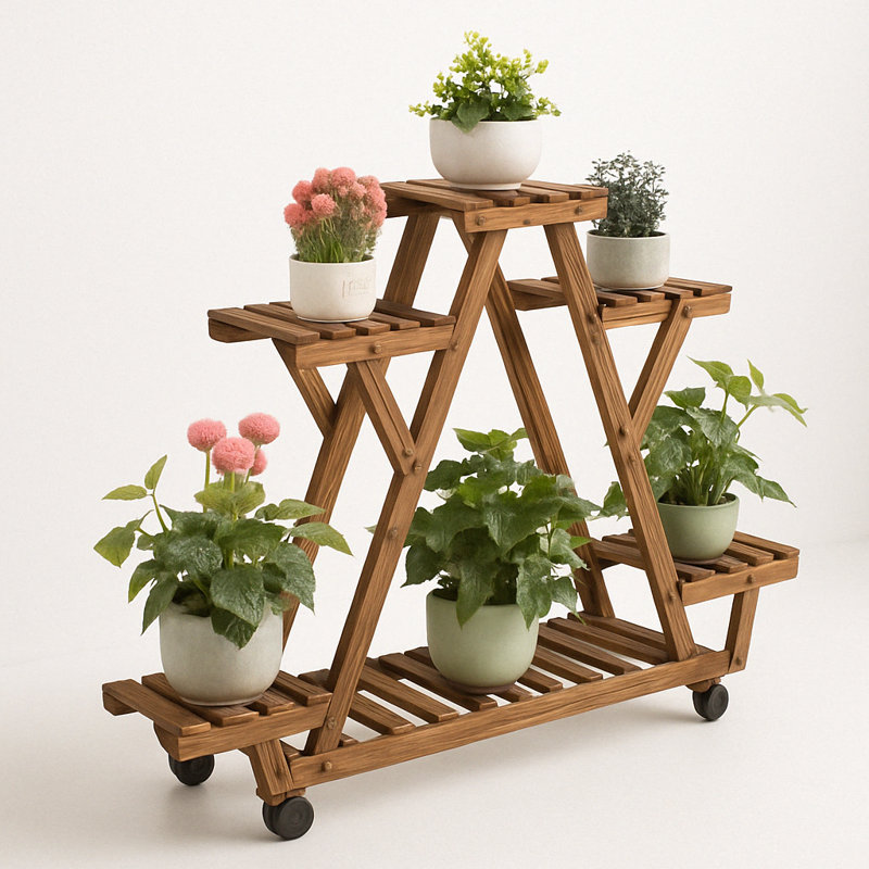 Nabilah Rayon Natural Wooden Plant Stand Indoor Outdoor Shelves with Wheels