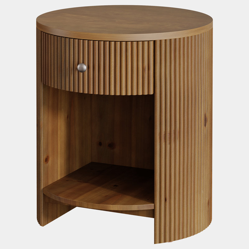 No Assembly Required Round Modern Nightstand End Table with Drawer, Opening Storage, Fluted Bedside Table for Living Room, Bedroom, Small Spaces (Walnut Brown)