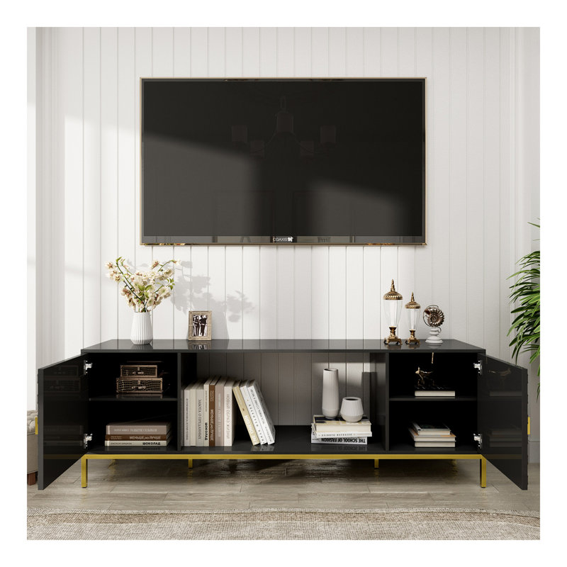 Meuble télé 70 po, meuble multimédia en bois robuste avec rangement et tablettes ouvertes pour le salon, design moderne (noir)