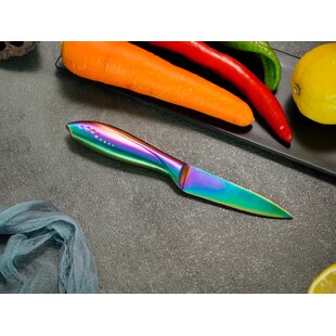 WELLSTAR Rainbow Kitchen Knives 9 Pieces Set, Chef Santoku Paring Knives  and 6 Piece Serrated Steak Knives, Iridescent Titanium Coating Stainless