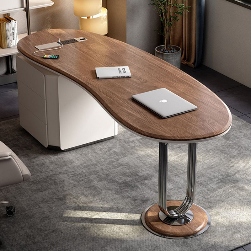 Bureau à 3 tiroirs brun noisette + bois manufacturé blanc + acier inoxydable, H 29,53 po x l 62,99 po x P 27,56 po