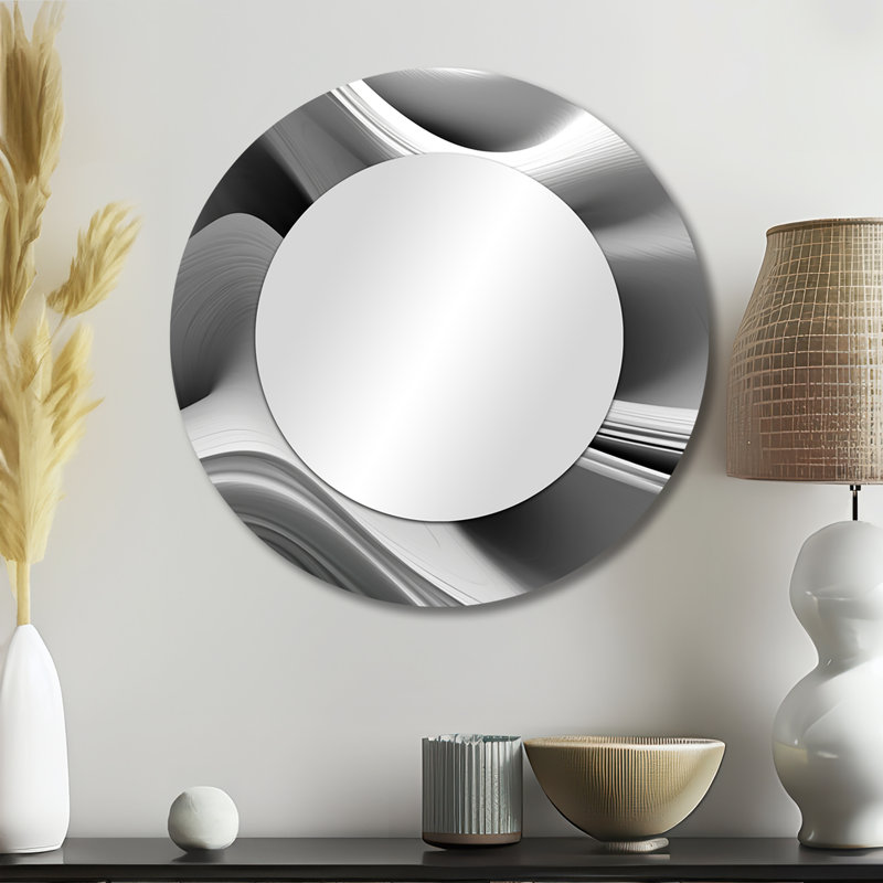 Planchard White Black Infinite Ripples - Waves Wall Mirror, White Round Decorative Mirror, Printed Metal Art, 23" x 23"
