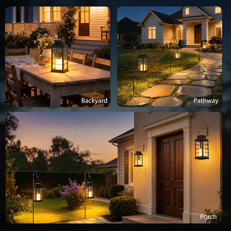 Lot de 4 lanternes solaires suspendues d'extérieur AWW avec lumière chaude effet flamme, lanternes solaires décoratives pour terrasse, jardin et cour