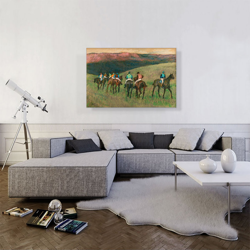 «Racehores In A Landscape 1894» par Edgar Degas - peinture sur toile tendue, H 26 po x l 40 po x P 0,75 po