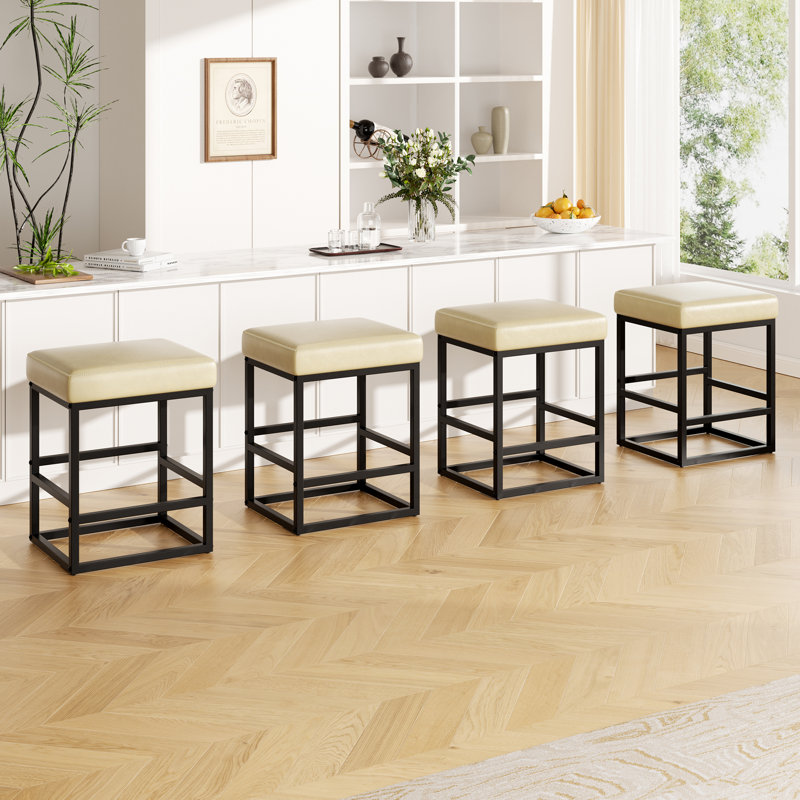 Modern Edge, Cozy Feel Faux Leather Upholstered Counter Bar Stools for Every Home, Beige, 4