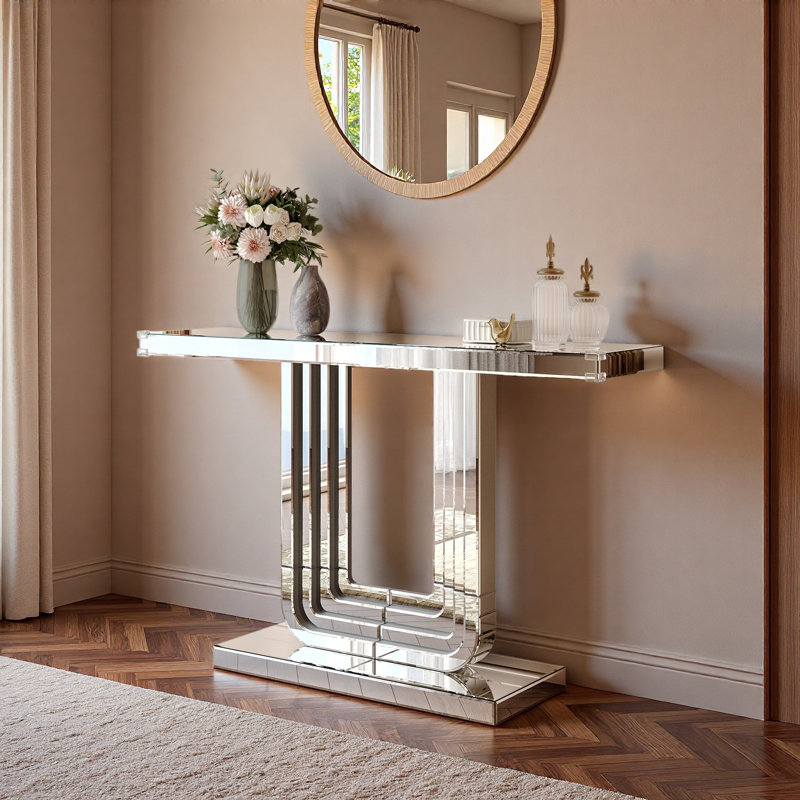 Console en miroir, table d'entrée avec base en U et conception de lignes épissées à la main pour le salon, le couloir, le vestibule, 47 po