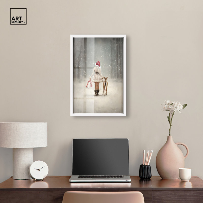 «Girl and Deer in Snow Shadowbox», impression murale de Noël par Art Remedy, cadre blanc, 17 x 25, H 25 po x l 17 po