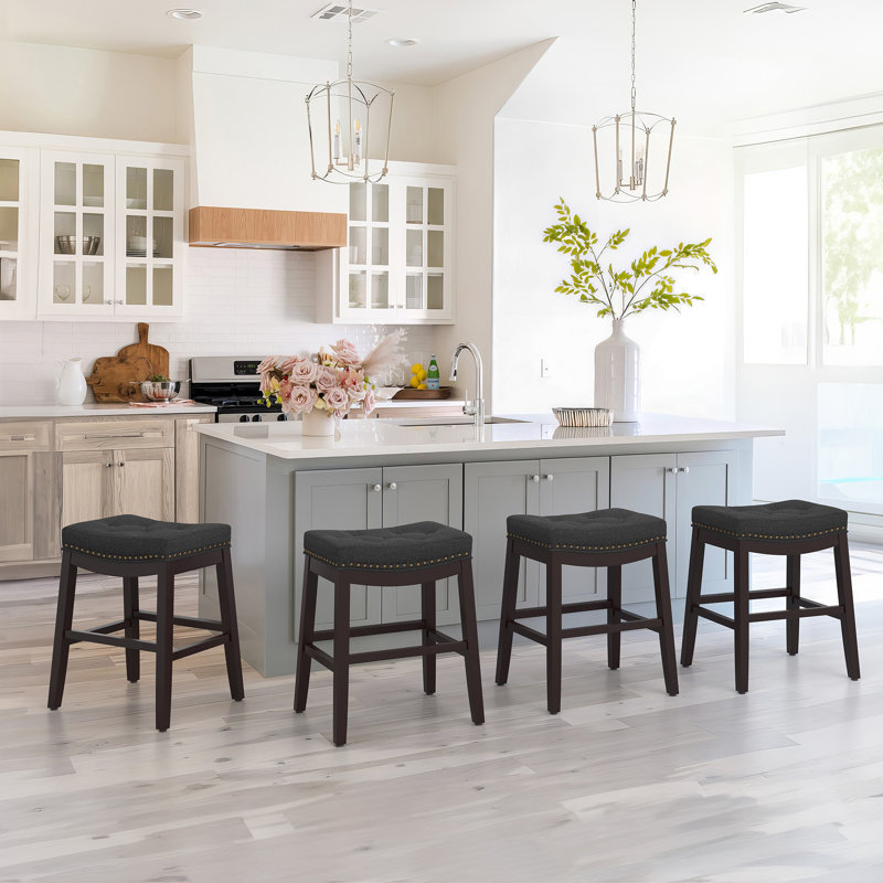 Bar Stools, 24 Inch Fabric Counter Height Bar Stools, Saddle Barstools For Kitchen Island With Nailhead Trim Tufted Button, Set Of 4