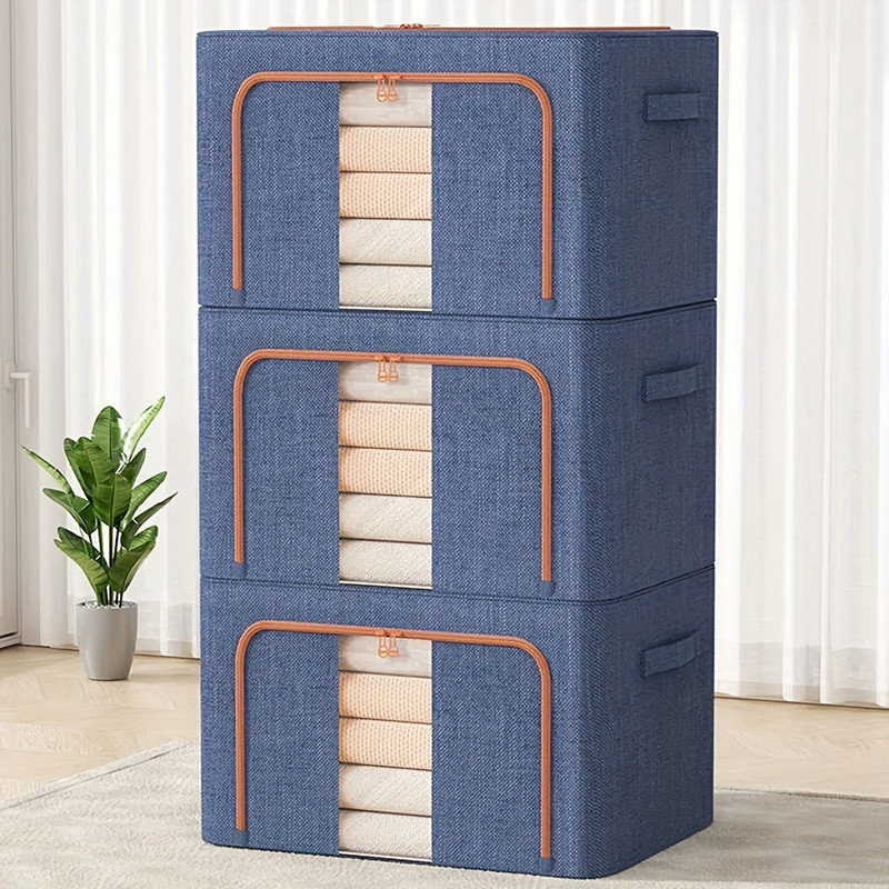Steel Frame Storage Box, Cloth Storage Box for Quilt Storage Box Folding Wardrobe Fabric Extra Large Storage Bag with Clear Window, Sturdy Zippers(Set of 3)