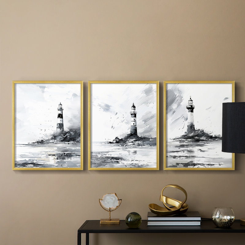 Série Sea and Shore Cxxxiv -Set de 3 estampes numériques giclées -Prêt à accrocher, Cadre doré, H 28 po x l 22 po