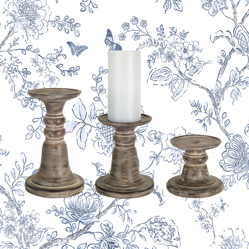 Rustic Brown and White Stone Resin Tabletop Candlestick Set