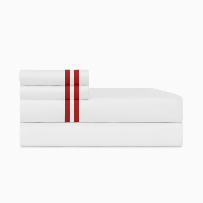 Ribbons Sateen Sheet Set, White/Bri Red, Twin