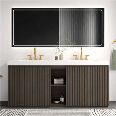 GALAN 72F" Smoked Oak Bathroom Vanity With Sink, Large Storage Freestanding Bathroom Vanity For Modern Bathroom, One-Piece White Quartz Sink Basin Without Drain And Faucet, LTL