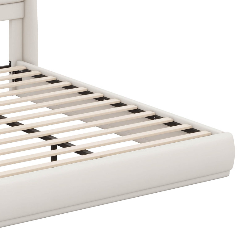 Grand lit tapissier avec tête de lit à oreilles, structure de lit plateforme élégante en lin, Beige