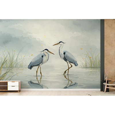 Crane, oiseaux sur le lac, papier peint aquarelle, nature, étoiles de la lune, oiseaux de la grue, art mural pour chambre de bébé ou salon