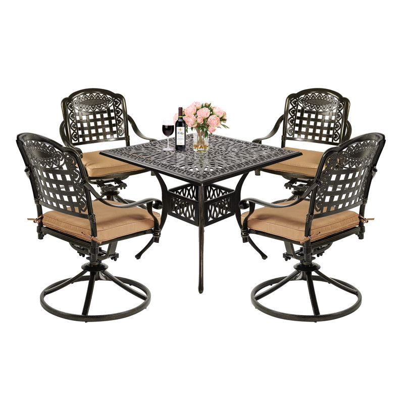  5-piece Outdoor Patio Dining Set, All-weather Cast Aluminum Patio Conversation Set With 4 Cushions Swivel Rocker Chairs For Backyard Garden Deck And 35.4" Square Table