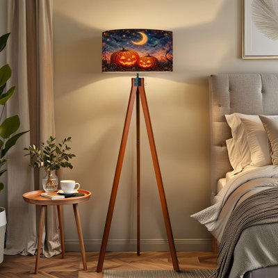  Tripod Standing Lamp Halloween Night Glowing O Lanterns Crescent Moon Remote Controlled Dimmable LED Floor Lamp with Beech Wood Legs & Detachable Linen Shade for Farmhouse Apartment Living Room and Bedroom