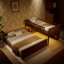 Lit superposé simple au-dessus de grand lit simple avec tablettes intégrées, lumières à changement de couleur et panneau perforé, brun-697870164-697870167