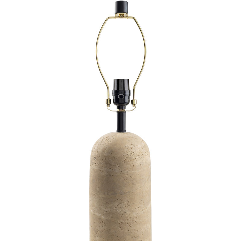 Small White Travertine Table Lamp with Linen Shade