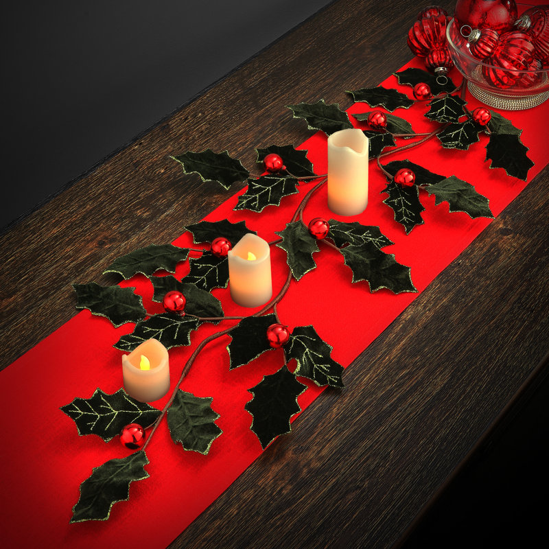 47" Velvet Holly Leaf Garland With Ball