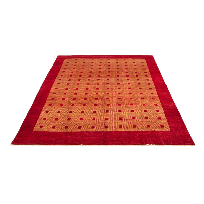 Tapis rouge foncé en laine noué à la main de conception unique 9 pi x 12 pi 1 po Leriah