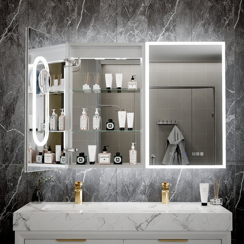 Armoire à pharmacie intelligente à DEL avec prise GFCI, charnières Blum, double éclairage, gradation continue, anti-buée et rangement multifonctionnel pour la salle de bain