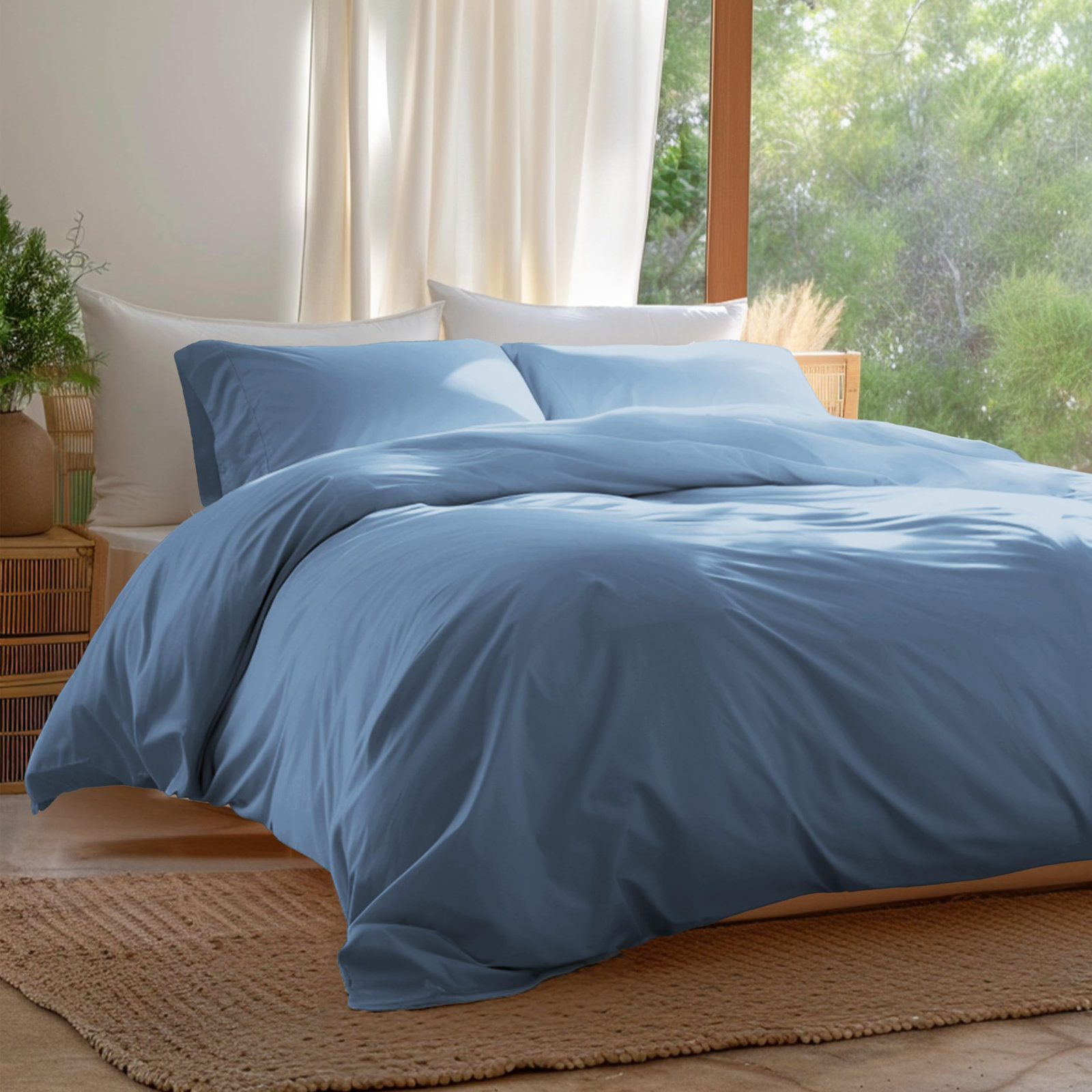 Double Stitch Duvet Cover Set, King Duvet Cover + 2 Shams, Windward Blue