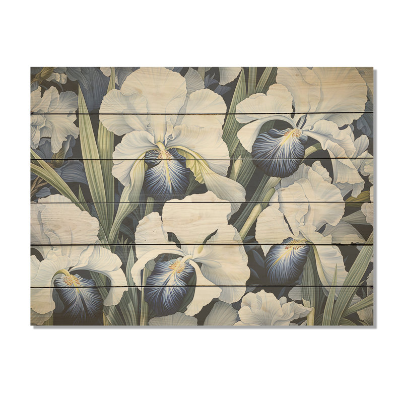 Minimalisme blanc et noir, sérénade d'iris - Art mural en bois d'iris sur bois de pin naturel, H 30 po x l 40 po
