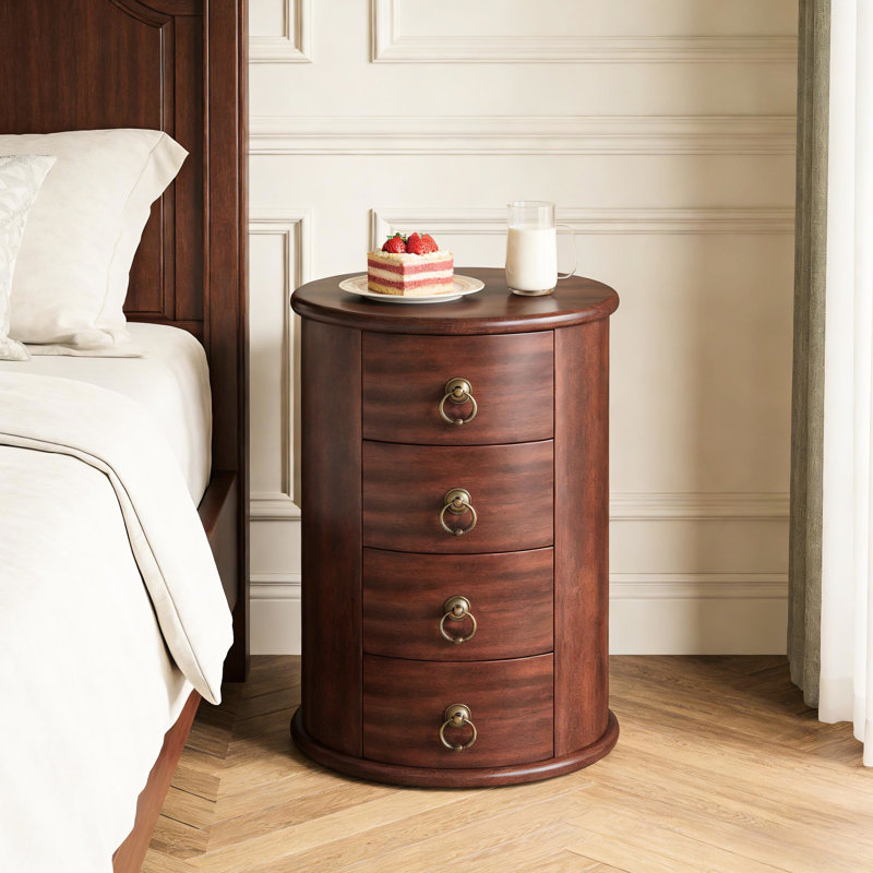 Table d'appoint ronde en bois, 4 tiroirs et poignées en bronze antique, design Mid-Century, convenant aux meubles en bois massif, convient bien au vestibule