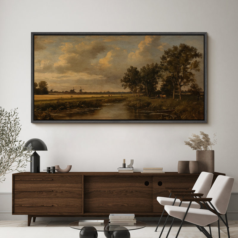 «Rustic Countryside», campagne rétro, paysage de rivière, rétro, très grande œuvre d'art, art mural, H 30 po x l 60 po