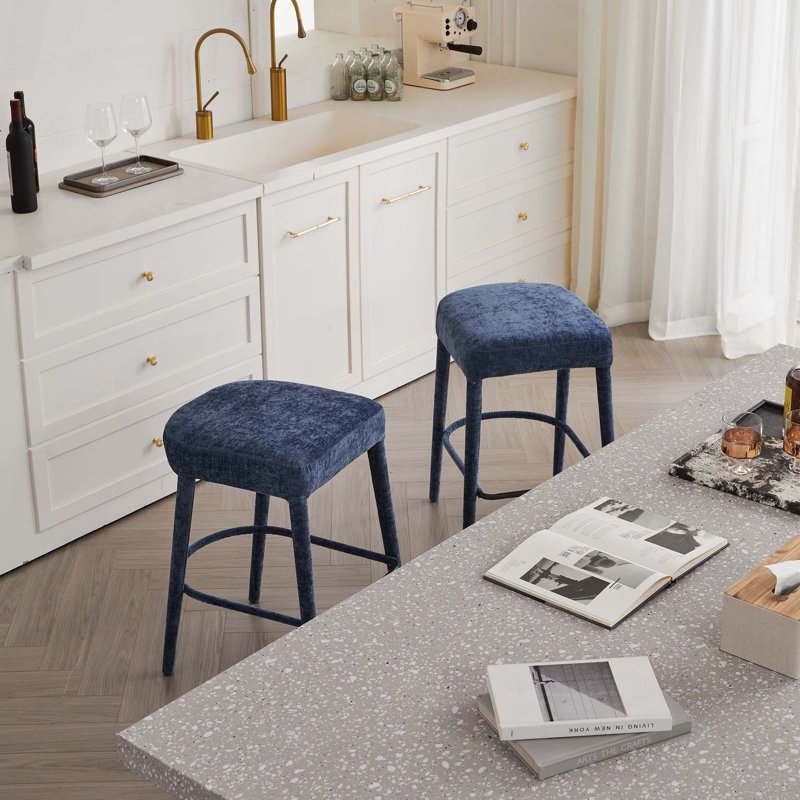Counter Height Backless Upholstered Bar Stool With Sturdy Metal Legs & Footrest(Set Of 2), Navy