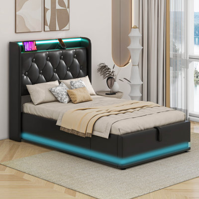 Upholstered Bed, 360 Surround LED Function, Buttons/Apps/Remote Control, Hydraulic Storage Bed With USB Type-C Charging