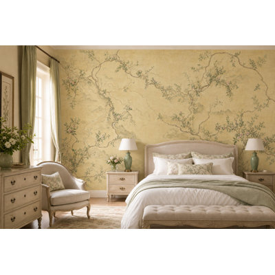 Papier peint amovible chinois "Chinois Blossoms Misty Mountains"