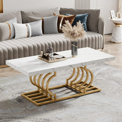 47 Inch Modern Coffee Table With Faux Marble Top & Geometric Gold Frame, Rectangular Cocktail Table For Living Room, Easy Assembly (White/Gold)