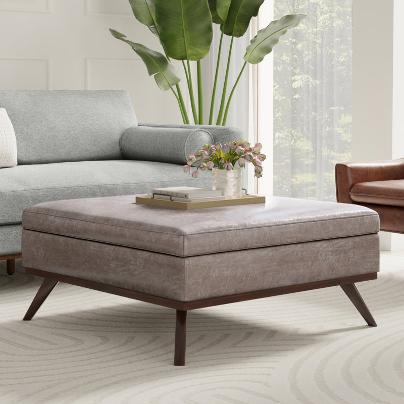 Owen 40"W Upholstered Mid-Century Modern Square Lift-Top Ottoman with Ample Storage, Distressed Gray Taupe