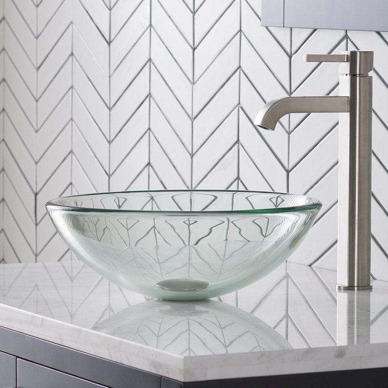 Lavabo de salle de bain circulaire en verre avec robinet Clear Glass, Transparent, Laiton antique
