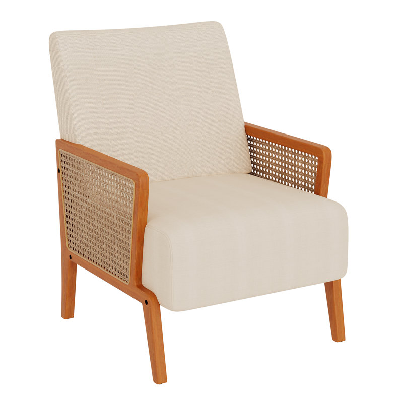 Upholstered Accent Chair With Rattan Arms And Solid Wood Legs, Ivory