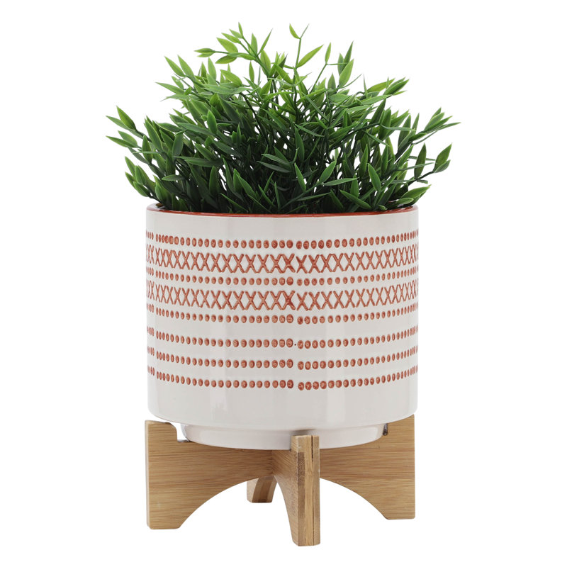 Ceramic Planter for Indoor and Outdoor Use Orange Planter with Aztec Design on Wooden Stand, Red, 9" H x 8" W x 8" D