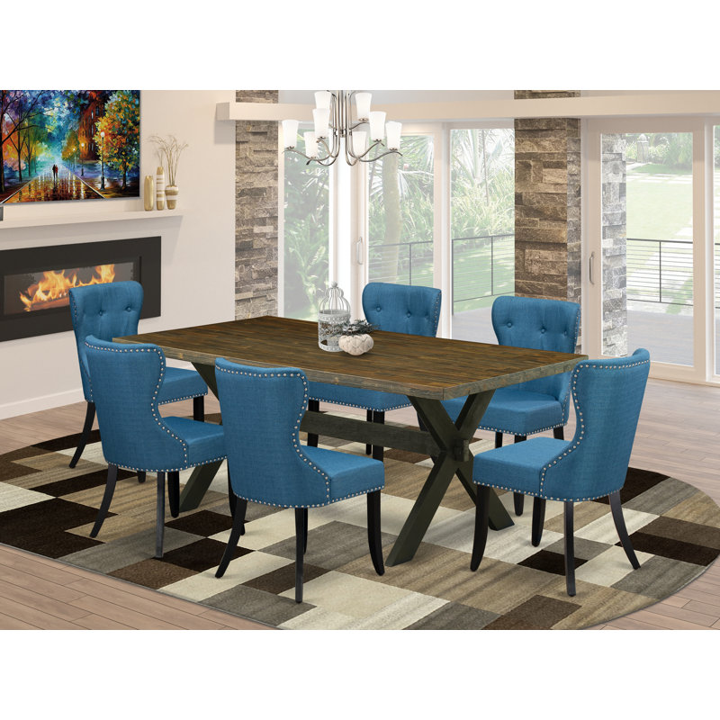 Ensemble de table de salle à manger 7 pièces composé d'une table de salle à manger rectangulaire avec pieds en X et 6 chaises de salle à manger Parson en tissu bleu, noir brossé