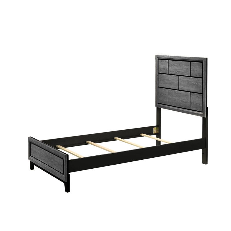 Lit simple en bois à profil bas gris avec tête de lit géométrique - Cadre de chambre contemporain