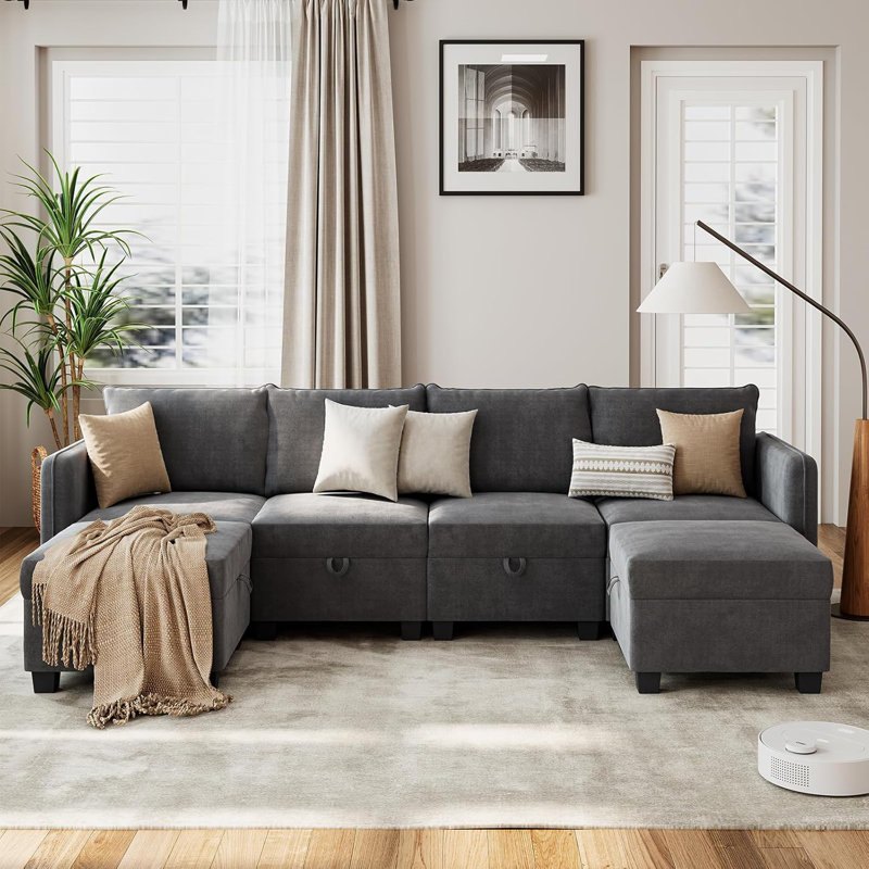 U-Shaped Modular Sectional with Storage & Ottomans, Grey